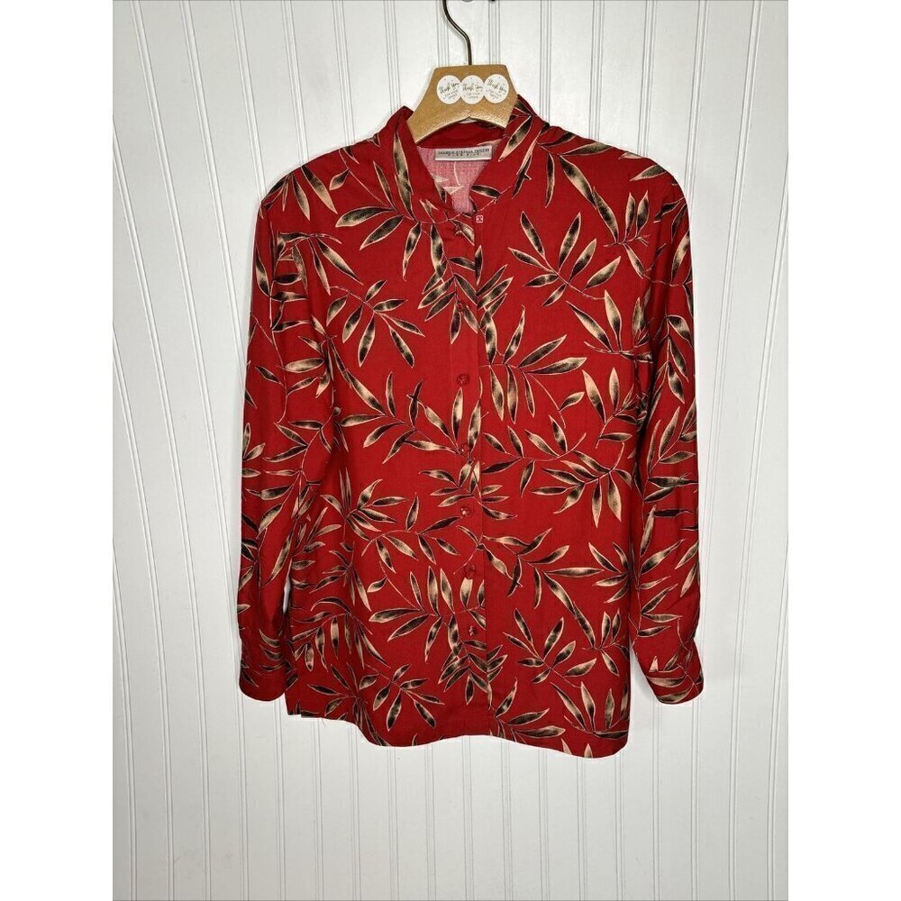 Valerie Stevens Petites Med Pure Silk Knot Button Up L/S Mandarin Red Blouse Top